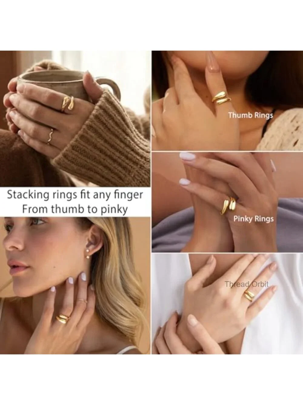 Non Tarnish Gold Chunky Rings for Women, 14K Gold Plated Statement Dome Rings